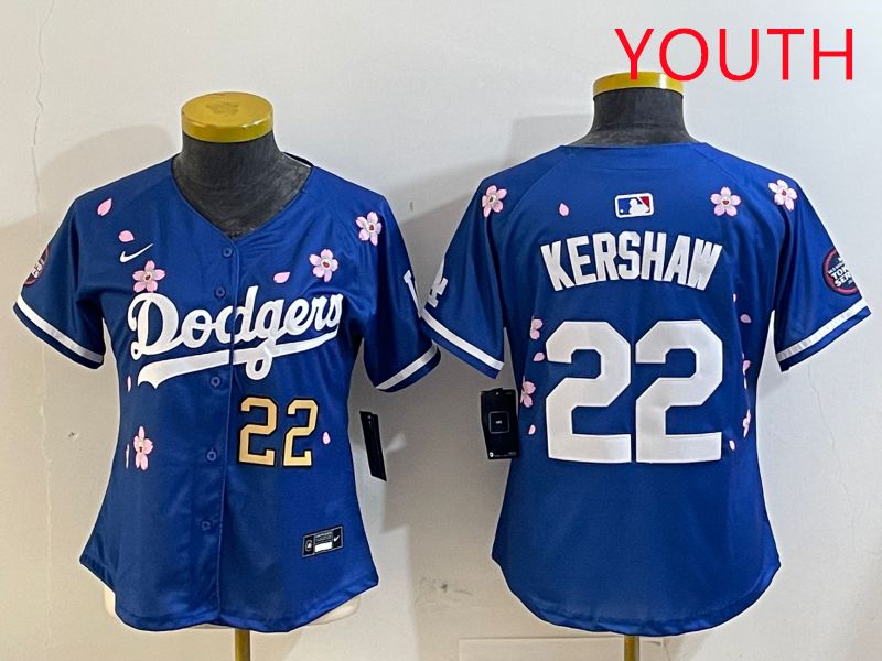 Youth Los Angeles Dodgers #22 Kershaw Blue White Blue Sakura Edition 2025 Nike MLB Jersey style 4->youth mlb jersey->Youth Jersey
